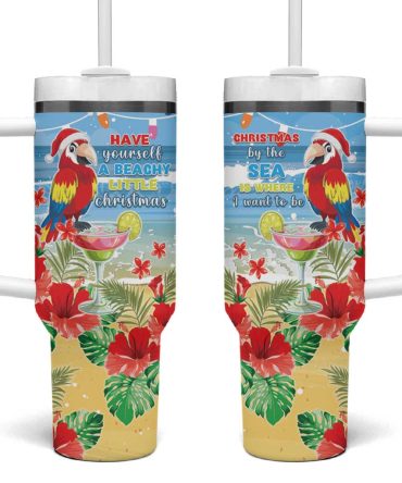 Hawaii Christmas Funny Macaw Parrot Tropical Custom Stanley Quencher 40Oz Stainless Steel Tumbler With Handle