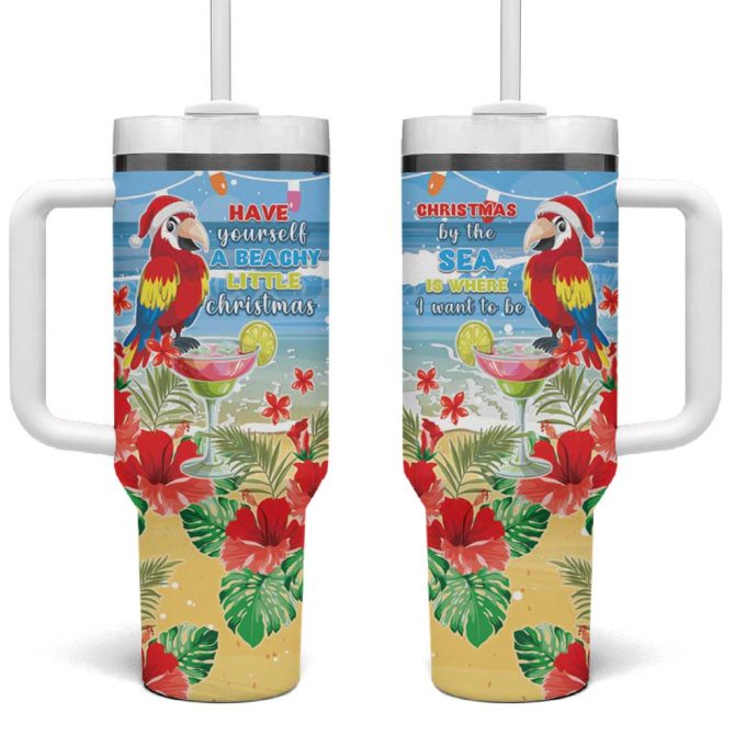 Hawaii Christmas Funny Macaw Parrot Tropical Custom Stanley Quencher 40Oz Stainless Steel Tumbler With Handle