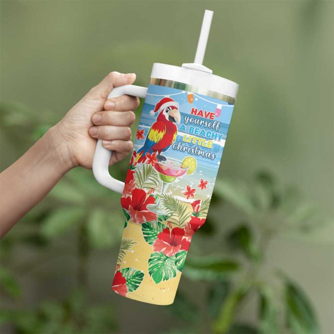 Hawaii Christmas Funny Macaw Parrot Tropical Custom Stanley Quencher 40Oz Stainless Steel Tumbler With Handle - Image 3