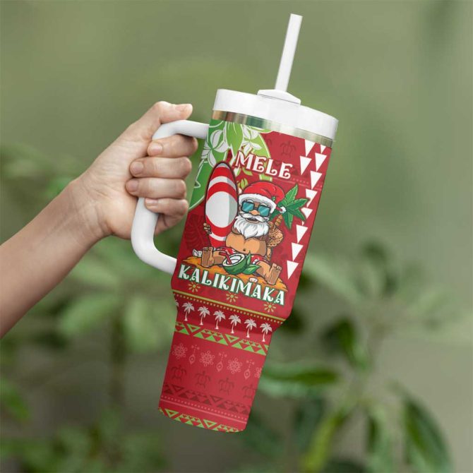 Hawaii Christmas Funny Santa Claus Surf Mele Kalikimaka Custom Stanley Quencher 40Oz Stainless Steel Tumbler With Handle - Image 3
