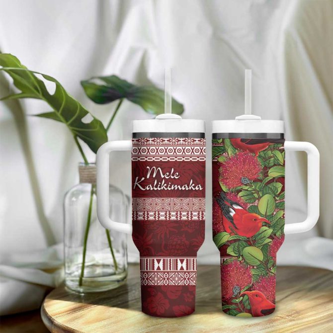 Hawaii Christmas Mele Kalikimaka I #8217;Iwi Bird On Ohia Lehua Custom Stanley Quencher 40Oz Stainless Steel Tumbler With Handle - Image 9