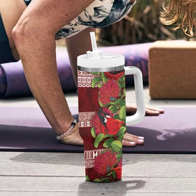 Hawaii Christmas Mele Kalikimaka I #8217;Iwi Bird On Ohia Lehua Custom Stanley Quencher 40Oz Stainless Steel Tumbler With Handle - Image 6