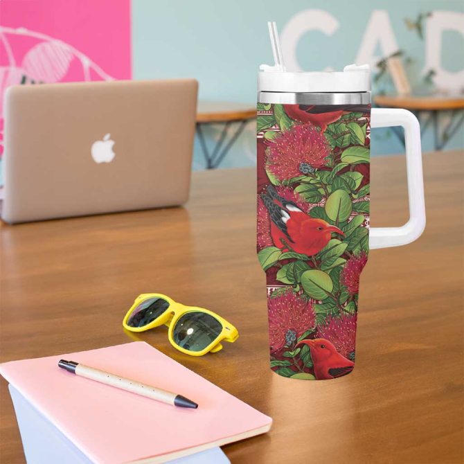 Hawaii Christmas Mele Kalikimaka I #8217;Iwi Bird On Ohia Lehua Custom Stanley Quencher 40Oz Stainless Steel Tumbler With Handle - Image 5