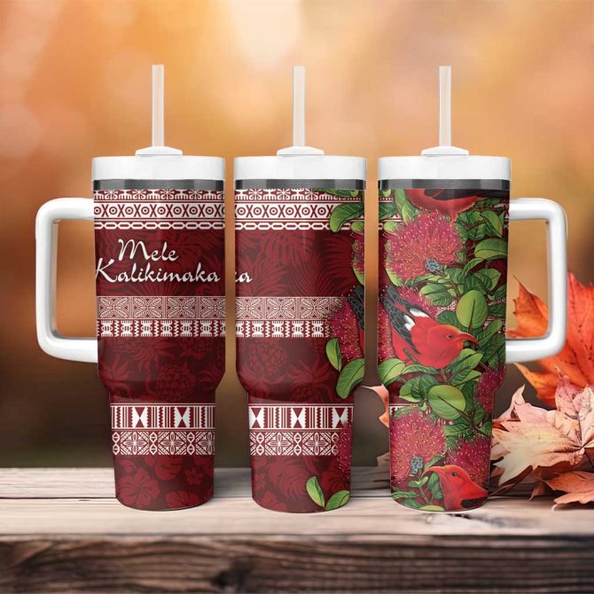 Hawaii Christmas Mele Kalikimaka I #8217;Iwi Bird On Ohia Lehua Custom Stanley Quencher 40Oz Stainless Steel Tumbler With Handle - Image 4