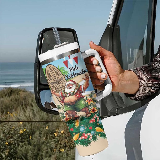 Hawaii Christmas Santa Claus Mele Kalikimaka Tropical Beach Custom Stanley Quencher 40Oz Stainless Steel Tumbler With Handle - Image 7