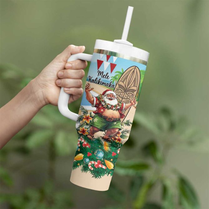 Hawaii Christmas Santa Claus Mele Kalikimaka Tropical Beach Custom Stanley Quencher 40Oz Stainless Steel Tumbler With Handle - Image 3