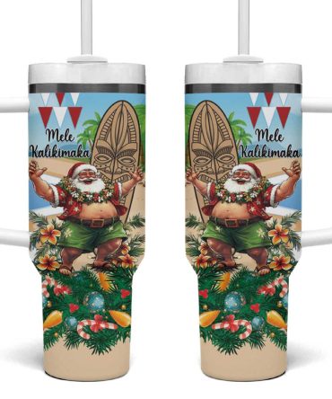 Hawaii Christmas Santa Claus Mele Kalikimaka Tropical Beach Custom Stanley Quencher 40Oz Stainless Steel Tumbler With Handle