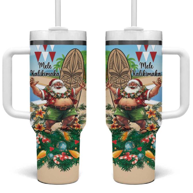 Hawaii Christmas Santa Claus Mele Kalikimaka Tropical Beach Custom Stanley Quencher 40Oz Stainless Steel Tumbler With Handle