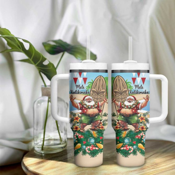 Hawaii Christmas Santa Claus Mele Kalikimaka Tropical Beach Custom Stanley Quencher 40Oz Stainless Steel Tumbler With Handle - Image 9