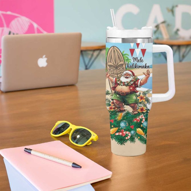 Hawaii Christmas Santa Claus Mele Kalikimaka Tropical Beach Custom Stanley Quencher 40Oz Stainless Steel Tumbler With Handle - Image 5