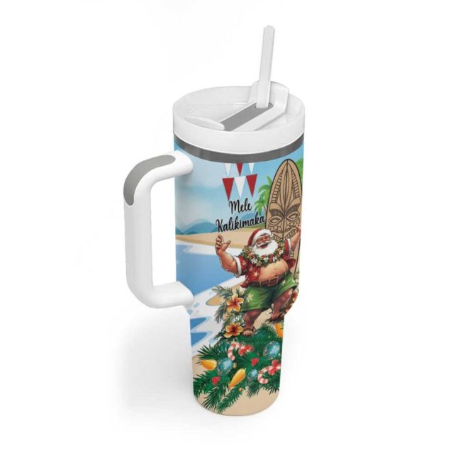 Hawaii Christmas Santa Claus Mele Kalikimaka Tropical Beach Custom Stanley Quencher 40Oz Stainless Steel Tumbler With Handle - Image 2