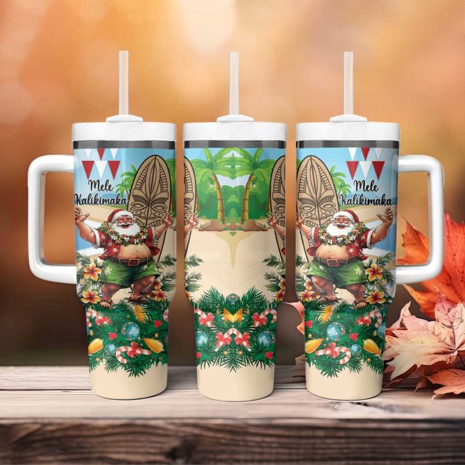 Hawaii Christmas Santa Claus Mele Kalikimaka Tropical Beach Custom Stanley Quencher 40Oz Stainless Steel Tumbler With Handle - Image 4