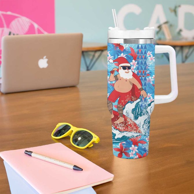 Hawaii Christmas Santa Claus Surfing Kakau Tropical Custom Stanley Quencher 40Oz Stainless Steel Tumbler With Handle - Image 5