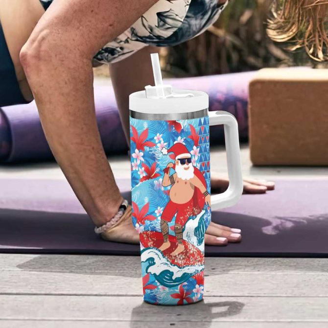 Hawaii Christmas Santa Claus Surfing Kakau Tropical Custom Stanley Quencher 40Oz Stainless Steel Tumbler With Handle - Image 6