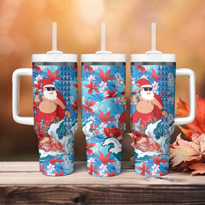 Hawaii Christmas Santa Claus Surfing Kakau Tropical Custom Stanley Quencher 40Oz Stainless Steel Tumbler With Handle - Image 4