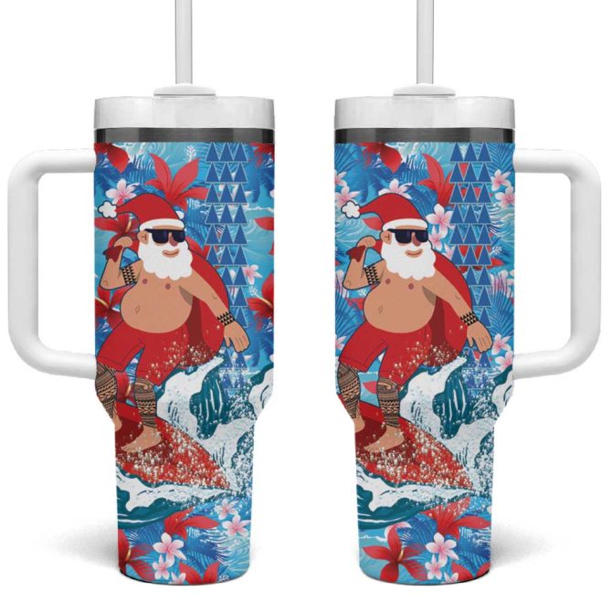 Hawaii Christmas Santa Claus Surfing Kakau Tropical Custom Stanley Quencher 40Oz Stainless Steel Tumbler With Handle