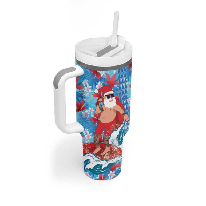 Hawaii Christmas Santa Claus Surfing Kakau Tropical Custom Stanley Quencher 40Oz Stainless Steel Tumbler With Handle - Image 2