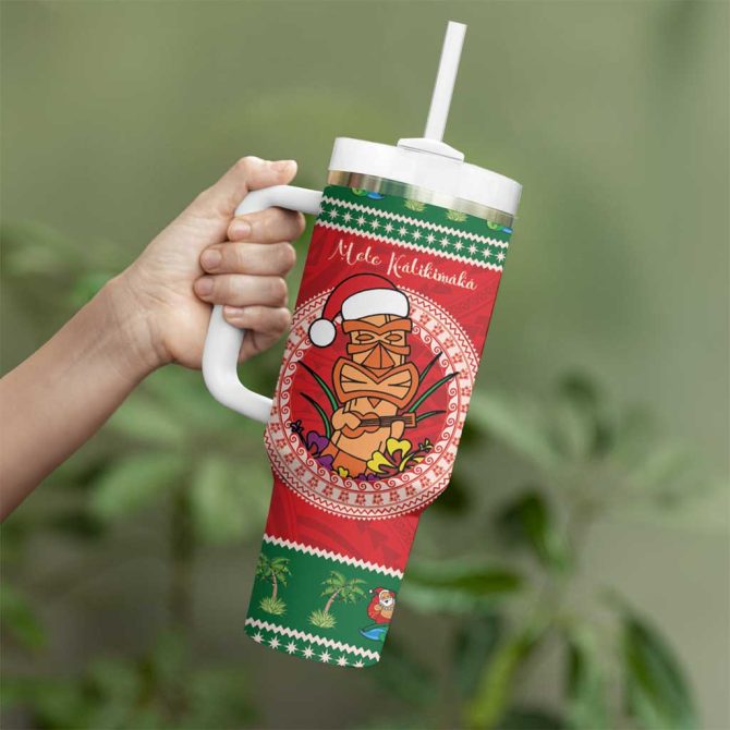 Hawaii Christmas Tiki Santa Mele Kalikimaka Custom Stanley Quencher 40Oz Stainless Steel Tumbler With Handle - Image 3