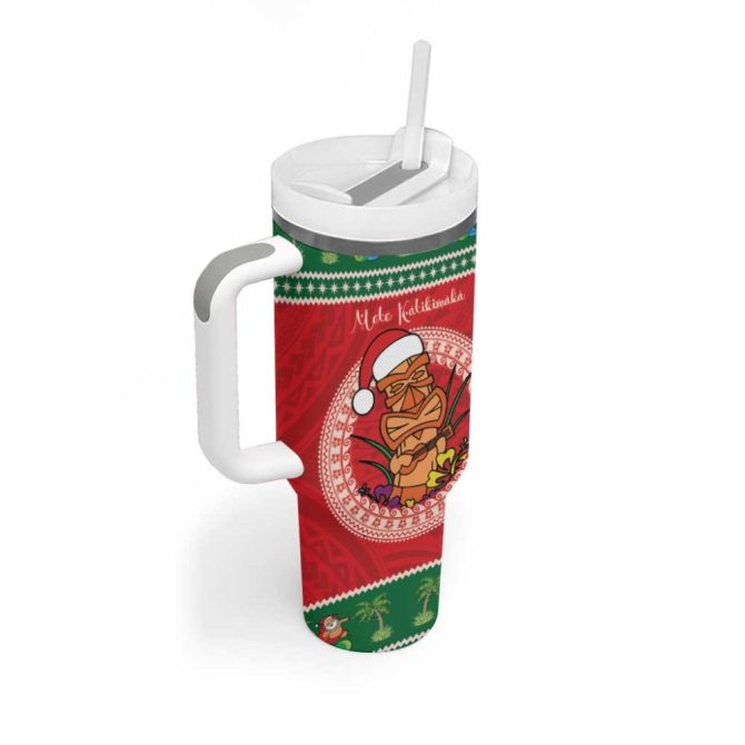 Hawaii Christmas Tiki Santa Mele Kalikimaka Custom Stanley Quencher 40Oz Stainless Steel Tumbler With Handle - Image 2