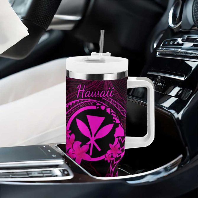 Hawaii Fish Hook Tattoo Mix Polynesian Plumeria Pink Custom Stanley Quencher 40Oz Stainless Steel Tumbler With Handle - Image 8