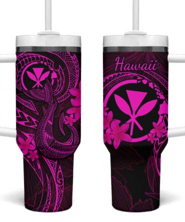 Hawaii Fish Hook Tattoo Mix Polynesian Plumeria Pink Custom Stanley Quencher 40Oz Stainless Steel Tumbler With Handle