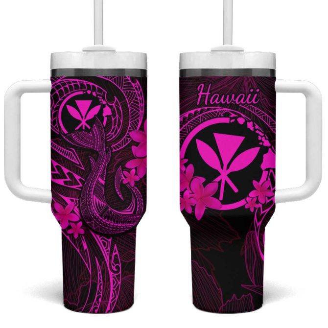 Hawaii Fish Hook Tattoo Mix Polynesian Plumeria Pink Custom Stanley Quencher 40Oz Stainless Steel Tumbler With Handle
