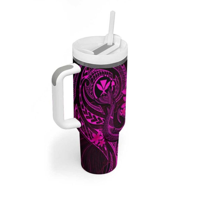 Hawaii Fish Hook Tattoo Mix Polynesian Plumeria Pink Custom Stanley Quencher 40Oz Stainless Steel Tumbler With Handle - Image 2