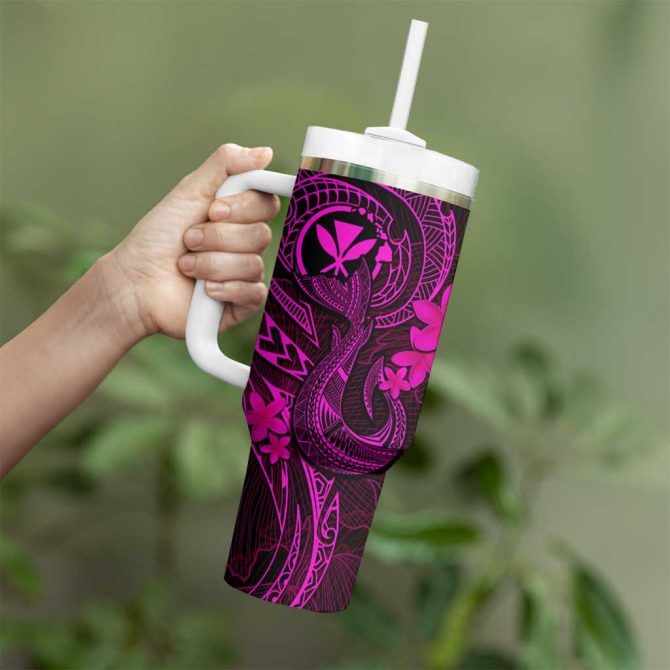 Hawaii Fish Hook Tattoo Mix Polynesian Plumeria Pink Custom Stanley Quencher 40Oz Stainless Steel Tumbler With Handle - Image 3