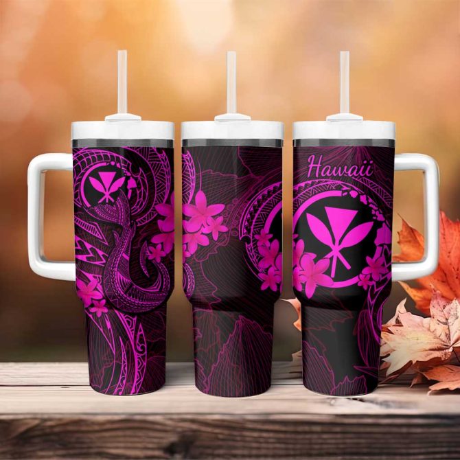 Hawaii Fish Hook Tattoo Mix Polynesian Plumeria Pink Custom Stanley Quencher 40Oz Stainless Steel Tumbler With Handle - Image 4