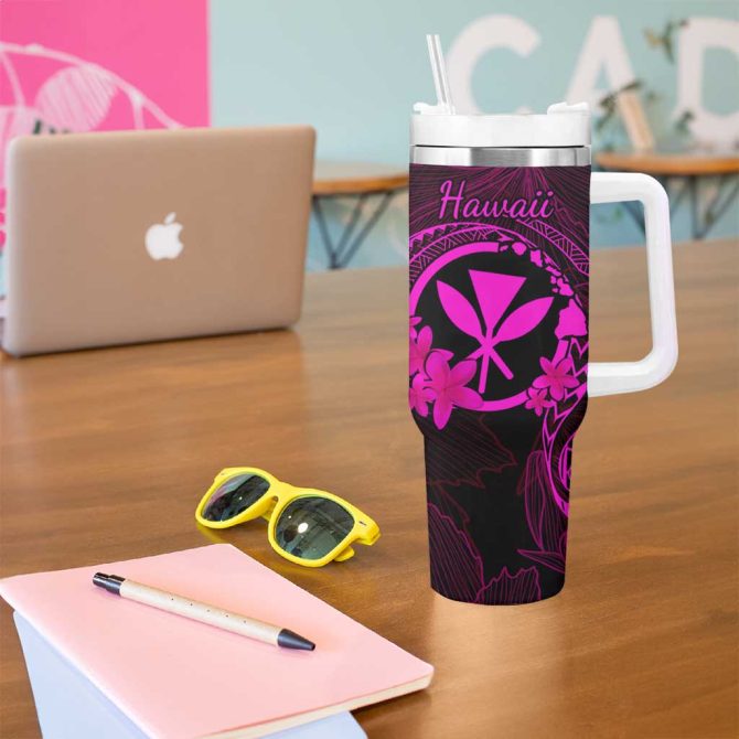 Hawaii Fish Hook Tattoo Mix Polynesian Plumeria Pink Custom Stanley Quencher 40Oz Stainless Steel Tumbler With Handle - Image 5