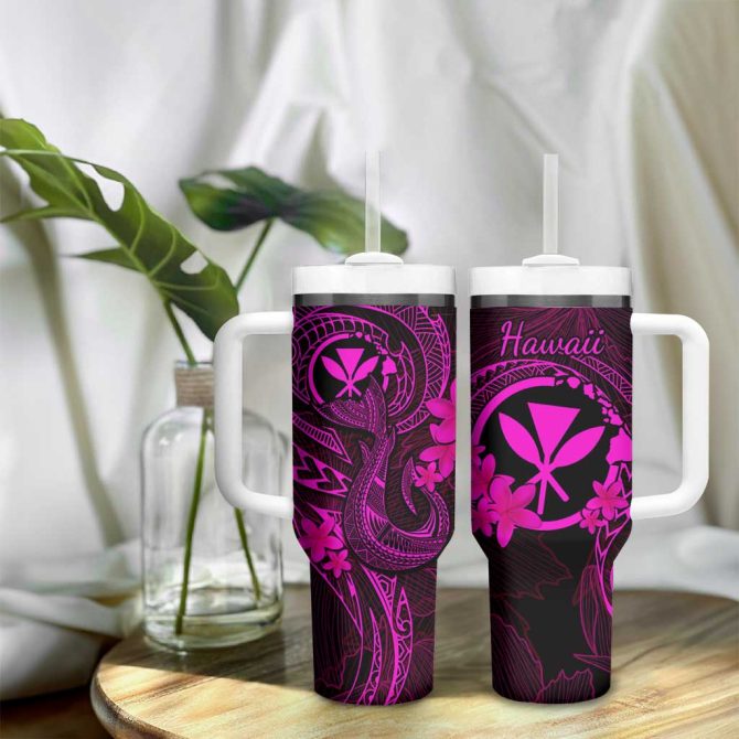 Hawaii Fish Hook Tattoo Mix Polynesian Plumeria Pink Custom Stanley Quencher 40Oz Stainless Steel Tumbler With Handle - Image 9