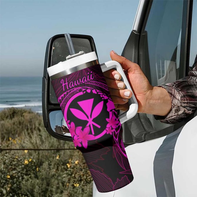 Hawaii Fish Hook Tattoo Mix Polynesian Plumeria Pink Custom Stanley Quencher 40Oz Stainless Steel Tumbler With Handle - Image 7