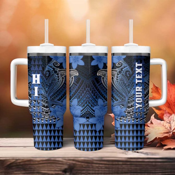 Hawaii Hammerhead Shark Kakau Polynesian Tribal Blue Custom Stanley Quencher 40Oz Stainless Steel Tumbler With Handle - Image 4