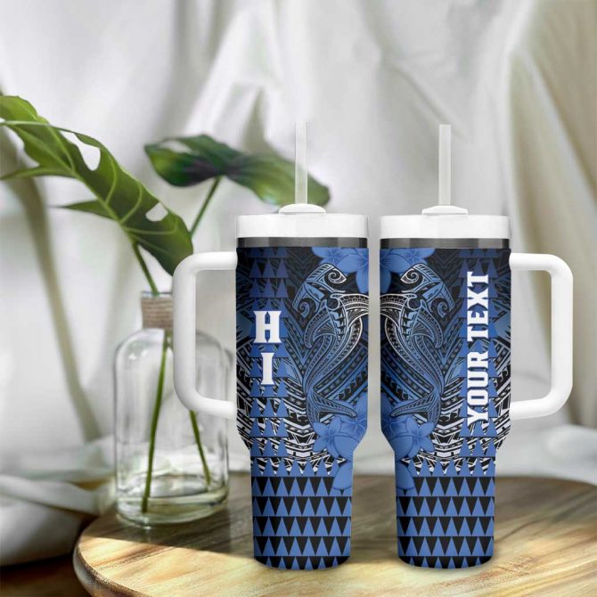 Hawaii Hammerhead Shark Kakau Polynesian Tribal Blue Custom Stanley Quencher 40Oz Stainless Steel Tumbler With Handle - Image 9