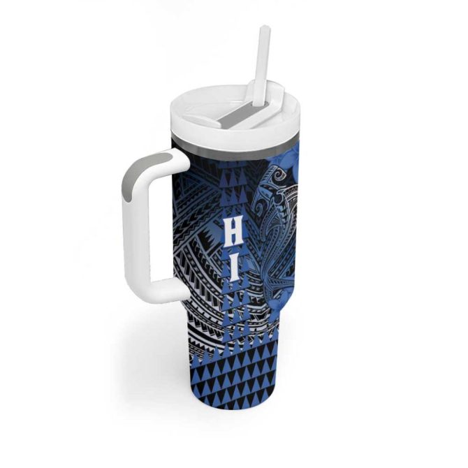 Hawaii Hammerhead Shark Kakau Polynesian Tribal Blue Custom Stanley Quencher 40Oz Stainless Steel Tumbler With Handle - Image 2