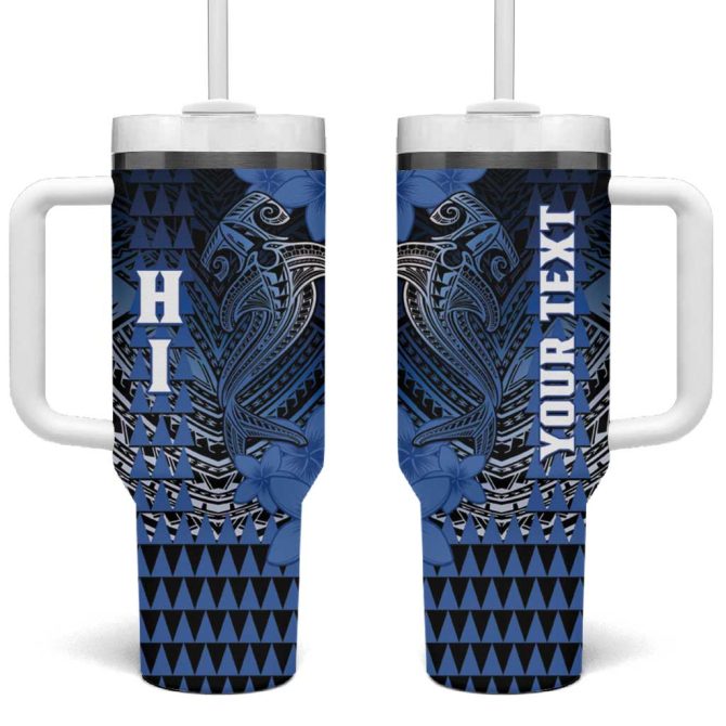 Hawaii Hammerhead Shark Kakau Polynesian Tribal Blue Custom Stanley Quencher 40Oz Stainless Steel Tumbler With Handle