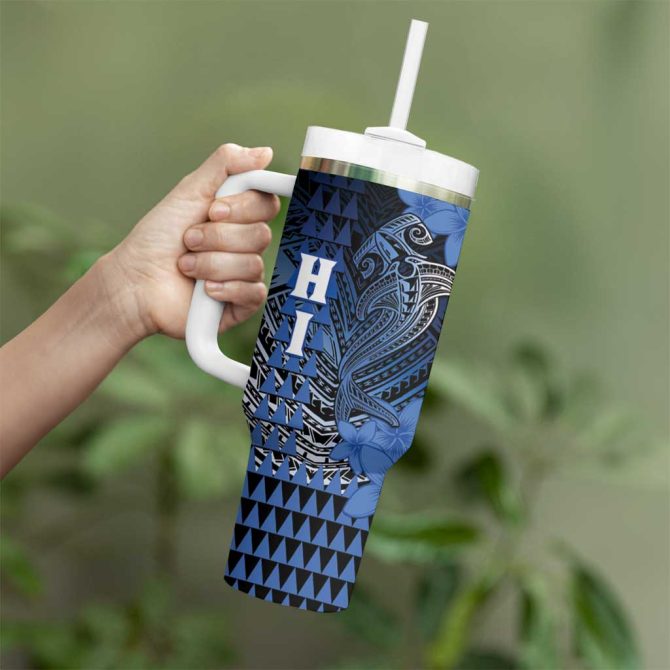 Hawaii Hammerhead Shark Kakau Polynesian Tribal Blue Custom Stanley Quencher 40Oz Stainless Steel Tumbler With Handle - Image 3