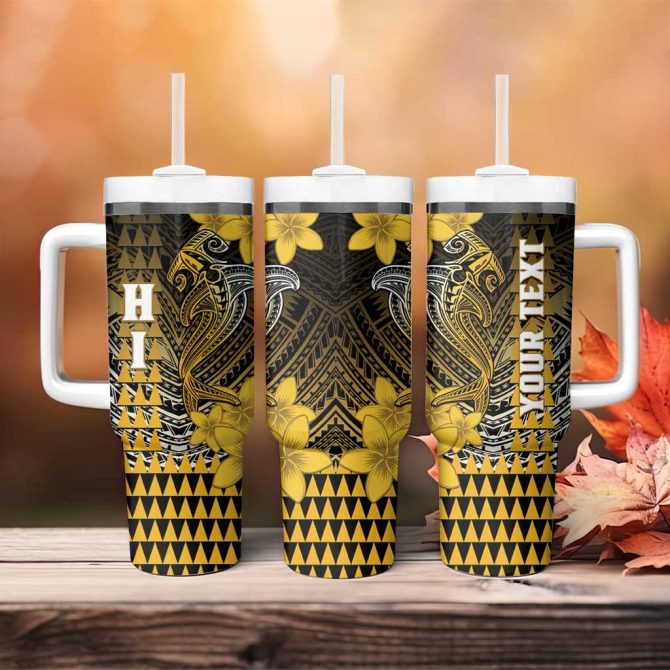 Hawaii Hammerhead Shark Kakau Polynesian Tribal Gold Custom Stanley Quencher 40Oz Stainless Steel Tumbler With Handle - Image 4
