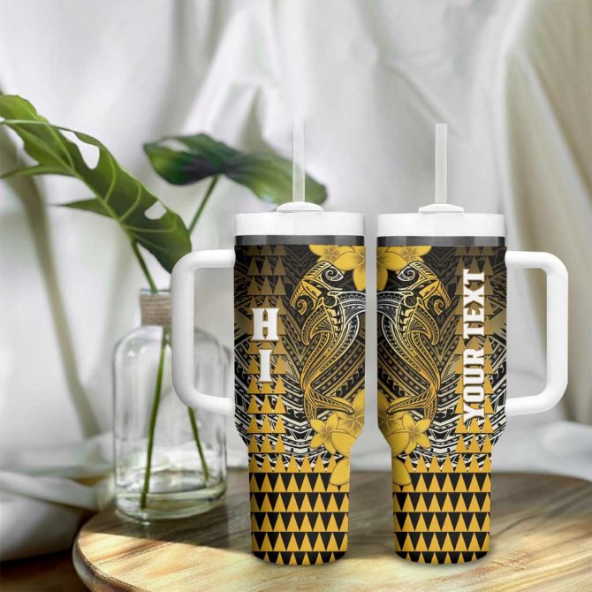 Hawaii Hammerhead Shark Kakau Polynesian Tribal Gold Custom Stanley Quencher 40Oz Stainless Steel Tumbler With Handle - Image 9