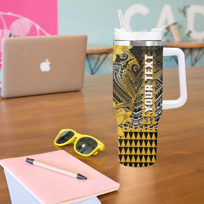 Hawaii Hammerhead Shark Kakau Polynesian Tribal Gold Custom Stanley Quencher 40Oz Stainless Steel Tumbler With Handle - Image 5