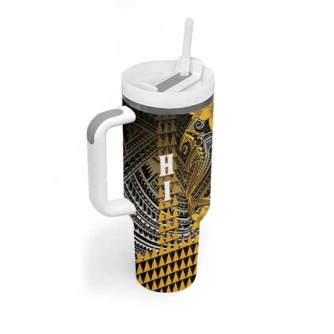 Hawaii Hammerhead Shark Kakau Polynesian Tribal Gold Custom Stanley Quencher 40Oz Stainless Steel Tumbler With Handle - Image 2