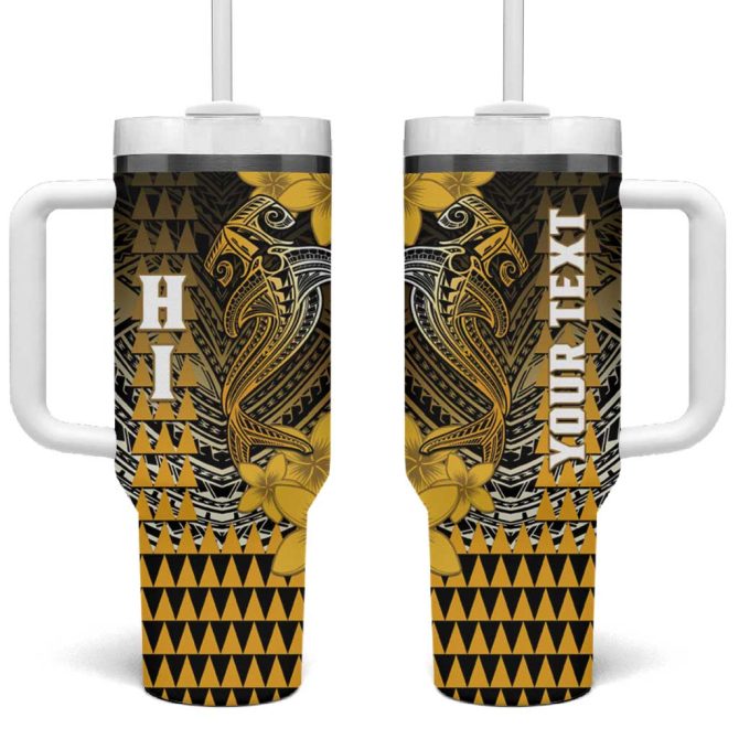 Hawaii Hammerhead Shark Kakau Polynesian Tribal Gold Custom Stanley Quencher 40Oz Stainless Steel Tumbler With Handle