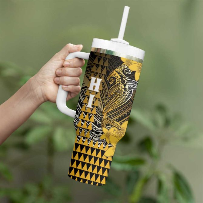 Hawaii Hammerhead Shark Kakau Polynesian Tribal Gold Custom Stanley Quencher 40Oz Stainless Steel Tumbler With Handle - Image 3