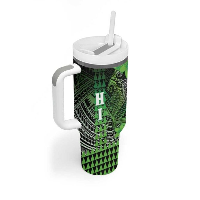 Hawaii Hammerhead Shark Kakau Polynesian Tribal Green Custom Stanley Quencher 40Oz Stainless Steel Tumbler With Handle - Image 2