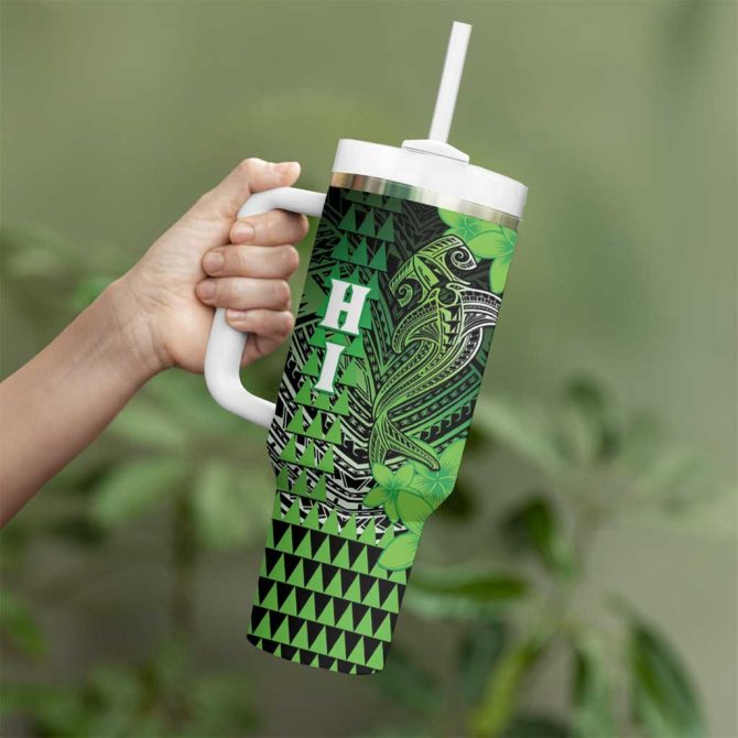 Hawaii Hammerhead Shark Kakau Polynesian Tribal Green Custom Stanley Quencher 40Oz Stainless Steel Tumbler With Handle - Image 3