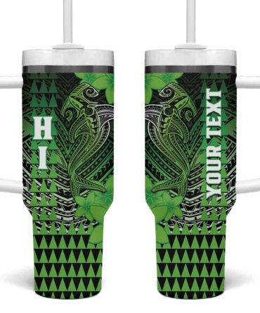Hawaii Hammerhead Shark Kakau Polynesian Tribal Green Custom Stanley Quencher 40Oz Stainless Steel Tumbler With Handle