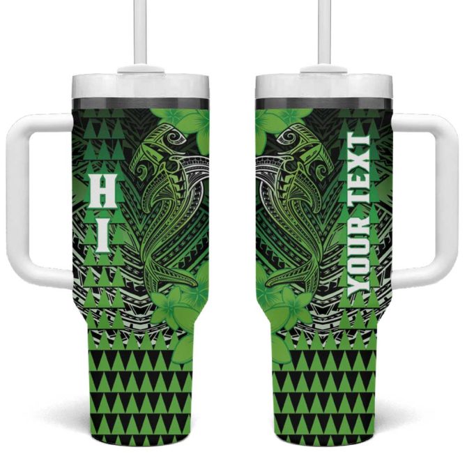 Hawaii Hammerhead Shark Kakau Polynesian Tribal Green Custom Stanley Quencher 40Oz Stainless Steel Tumbler With Handle