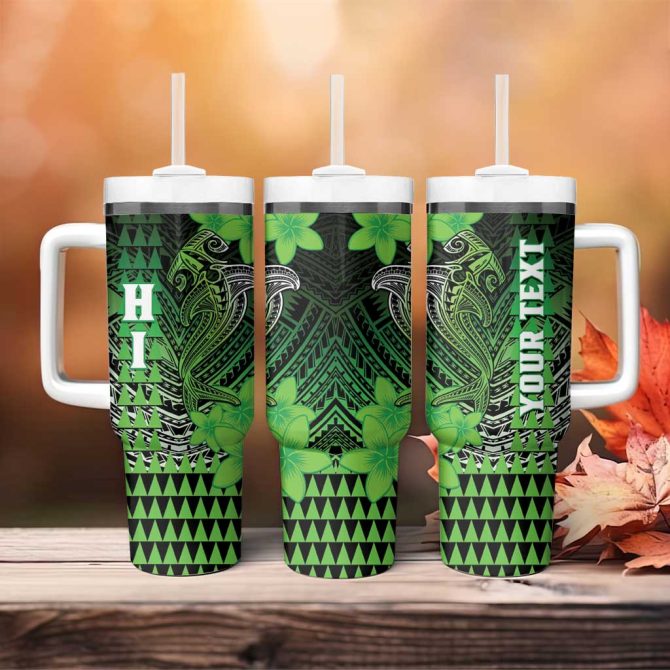 Hawaii Hammerhead Shark Kakau Polynesian Tribal Green Custom Stanley Quencher 40Oz Stainless Steel Tumbler With Handle - Image 4
