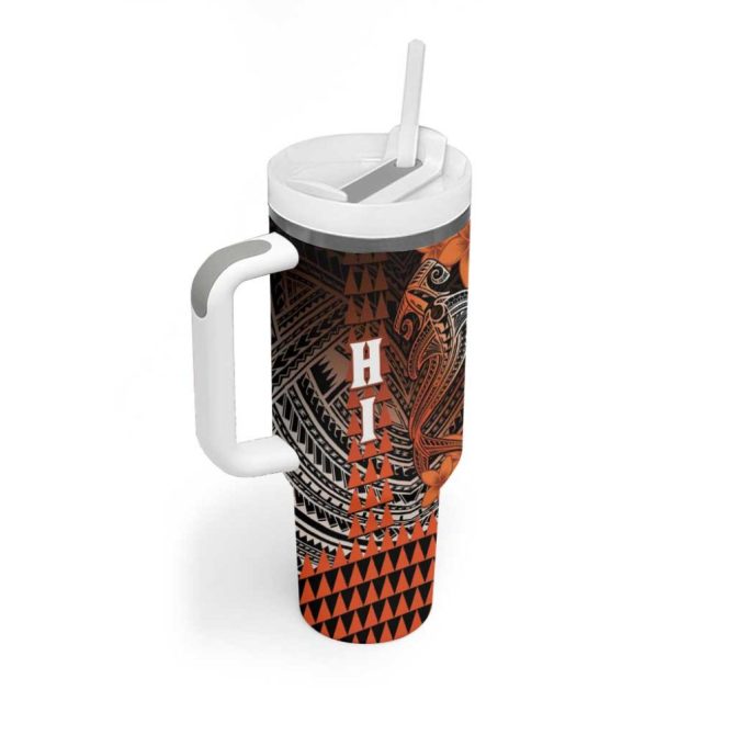 Hawaii Hammerhead Shark Kakau Polynesian Tribal Orange Custom Stanley Quencher 40Oz Stainless Steel Tumbler With Handle - Image 2