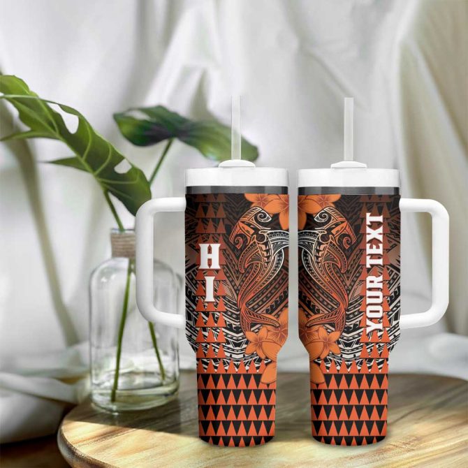 Hawaii Hammerhead Shark Kakau Polynesian Tribal Orange Custom Stanley Quencher 40Oz Stainless Steel Tumbler With Handle - Image 9
